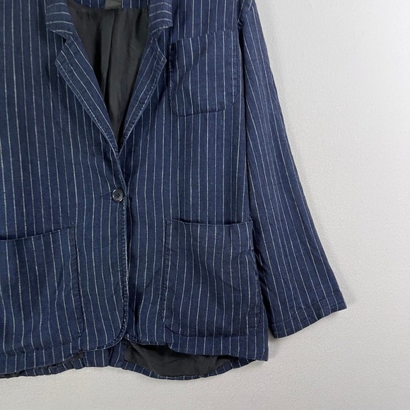 Smythe Navy Blue Pinstripe Linen Blend Blazer Jacket Womens Large Made in Canada - Picture 7 of 11